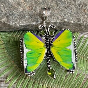Green Dichroic Glass & Peridot Butterfly 2.3” Pendant